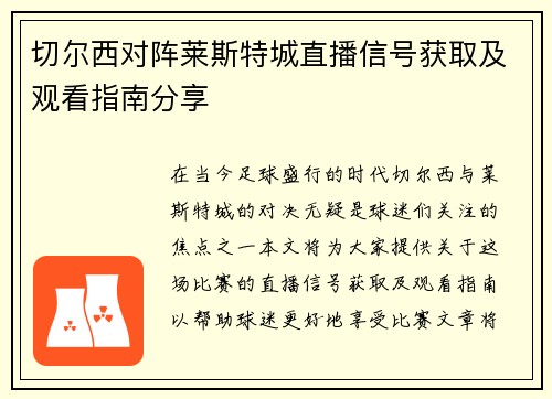 切尔西对阵莱斯特城直播信号获取及观看指南分享